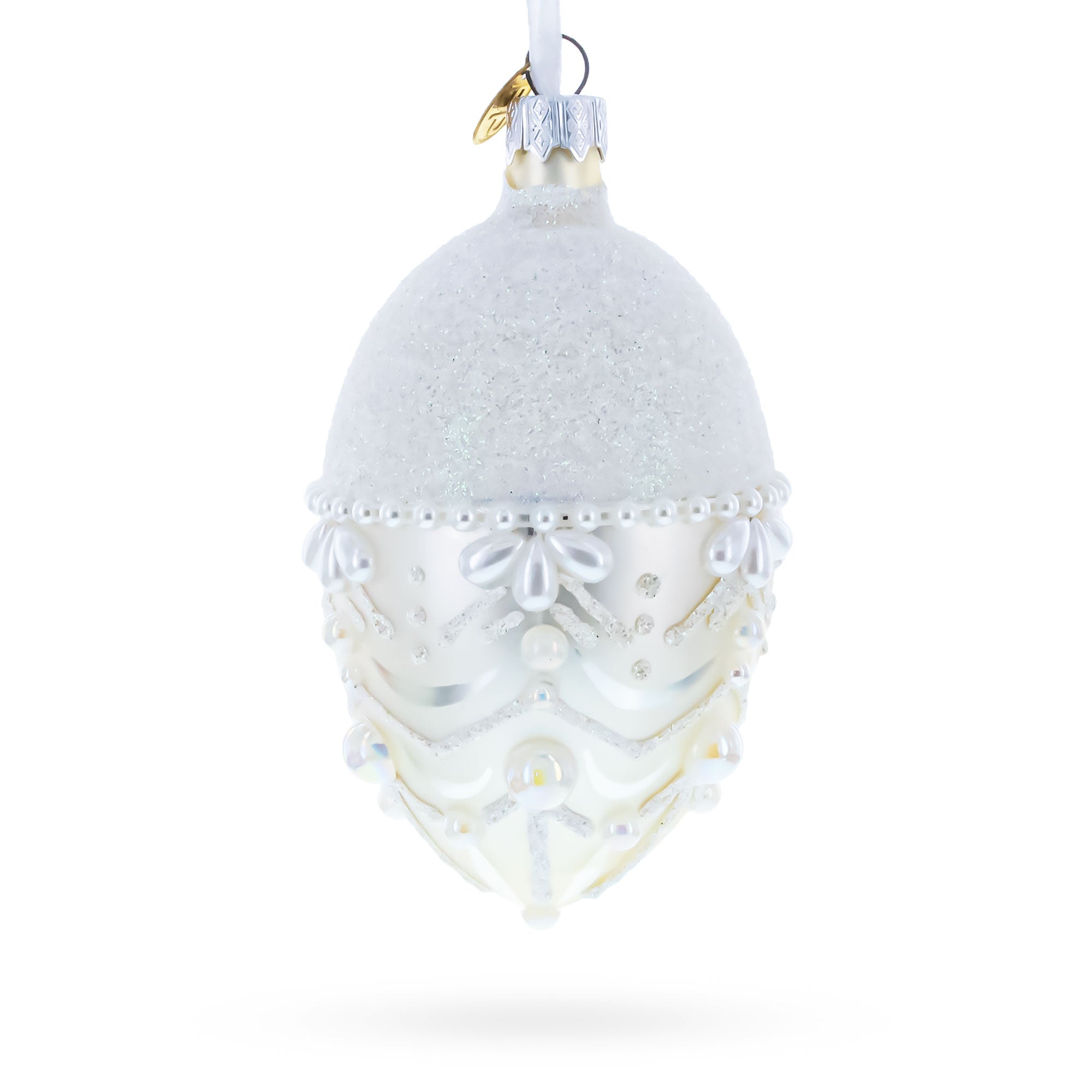 White Pearls on Frozen Glass Egg Christmas Ornament 4 Inches