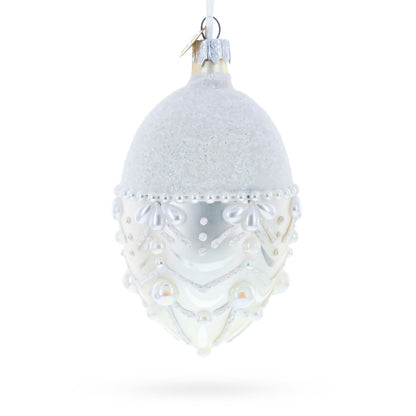White Pearls on Frozen Glass Egg Christmas Ornament 4 Inches