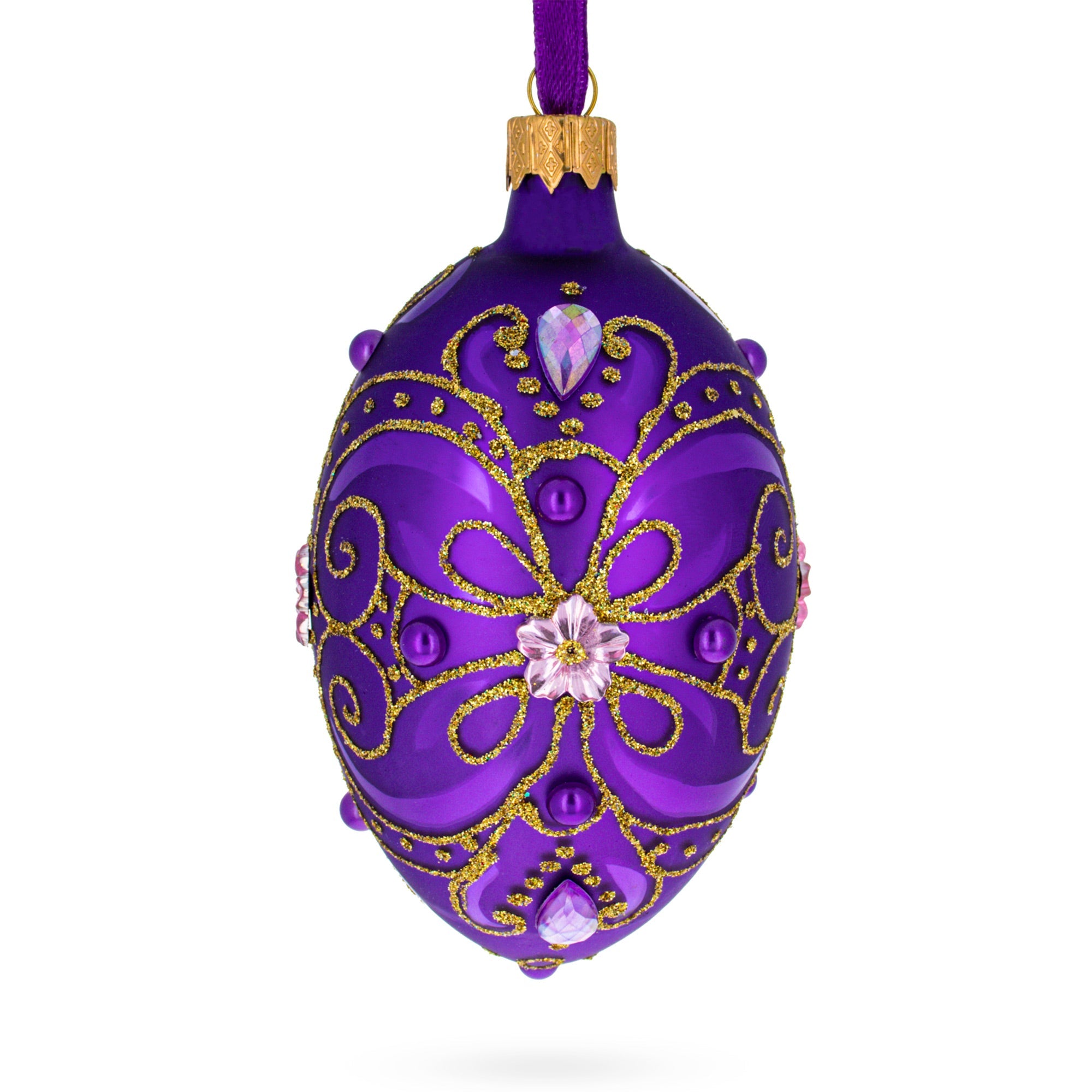 Royal Purple and Gold Glitter Scrollwork & Gem Accents Glass Egg Christmas Ornament 4 Inches BestPysanky