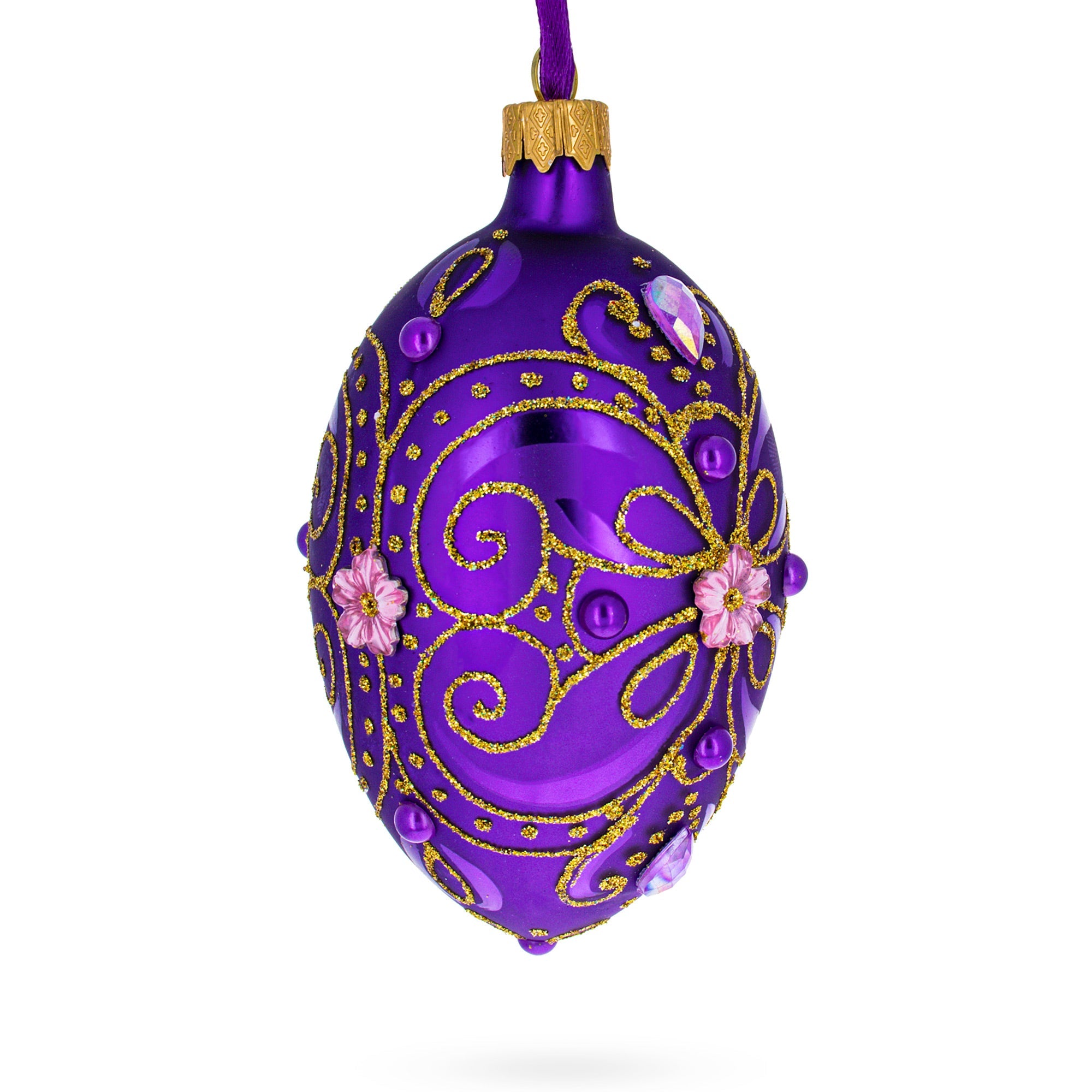 Royal Purple and Gold Glitter Scrollwork & Gem Accents Glass Egg Christmas Ornament 4 Inches BestPysanky