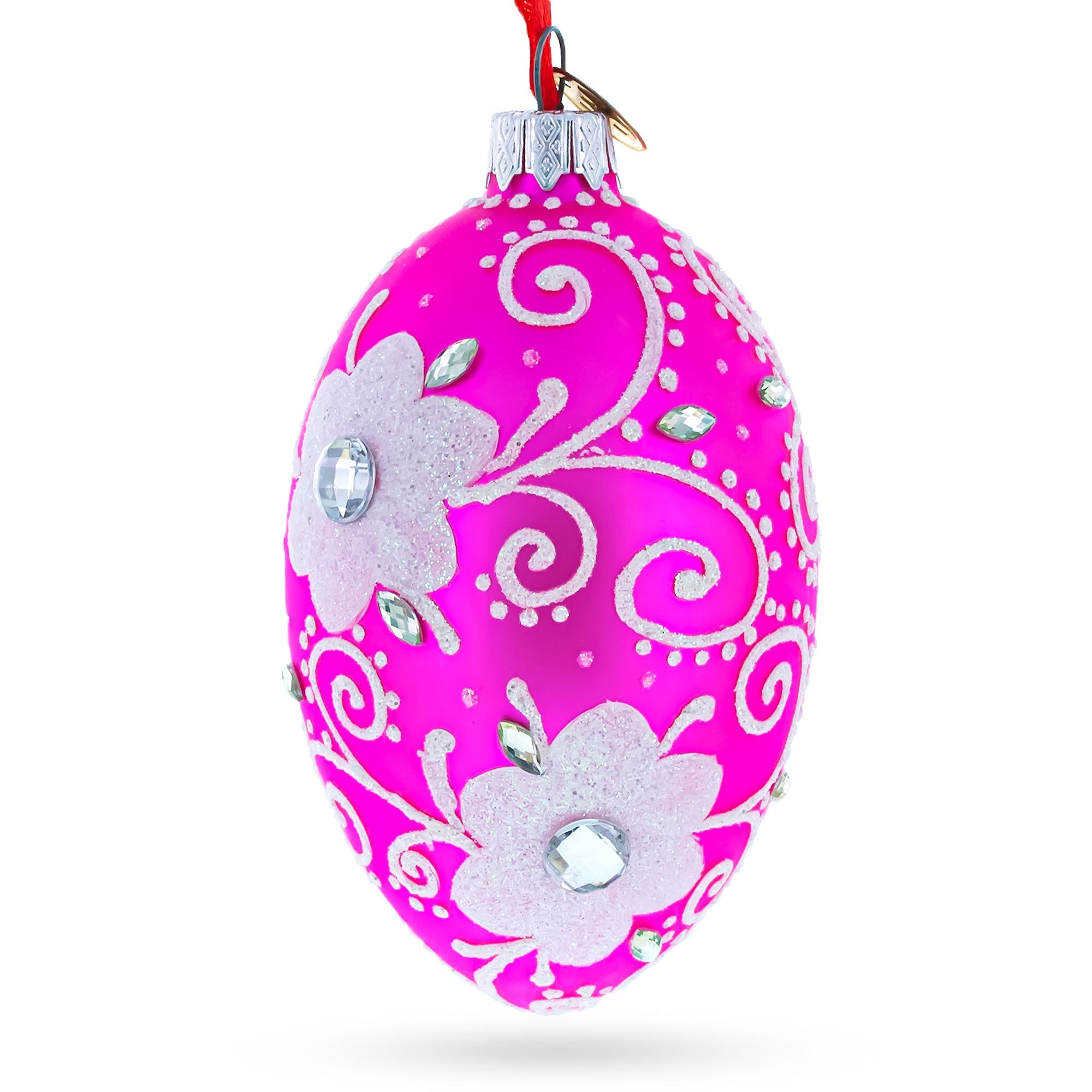 Flower with Diamond Glass Egg Christmas Ornament 4 Inches