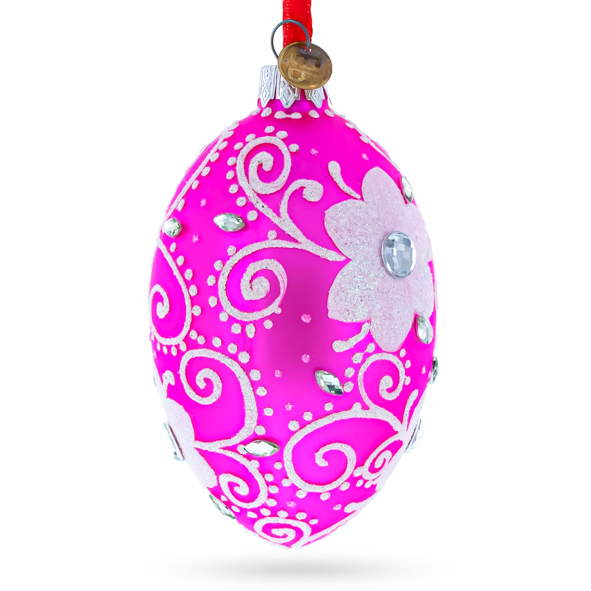 Flower with Diamond Glass Egg Christmas Ornament 4 Inches