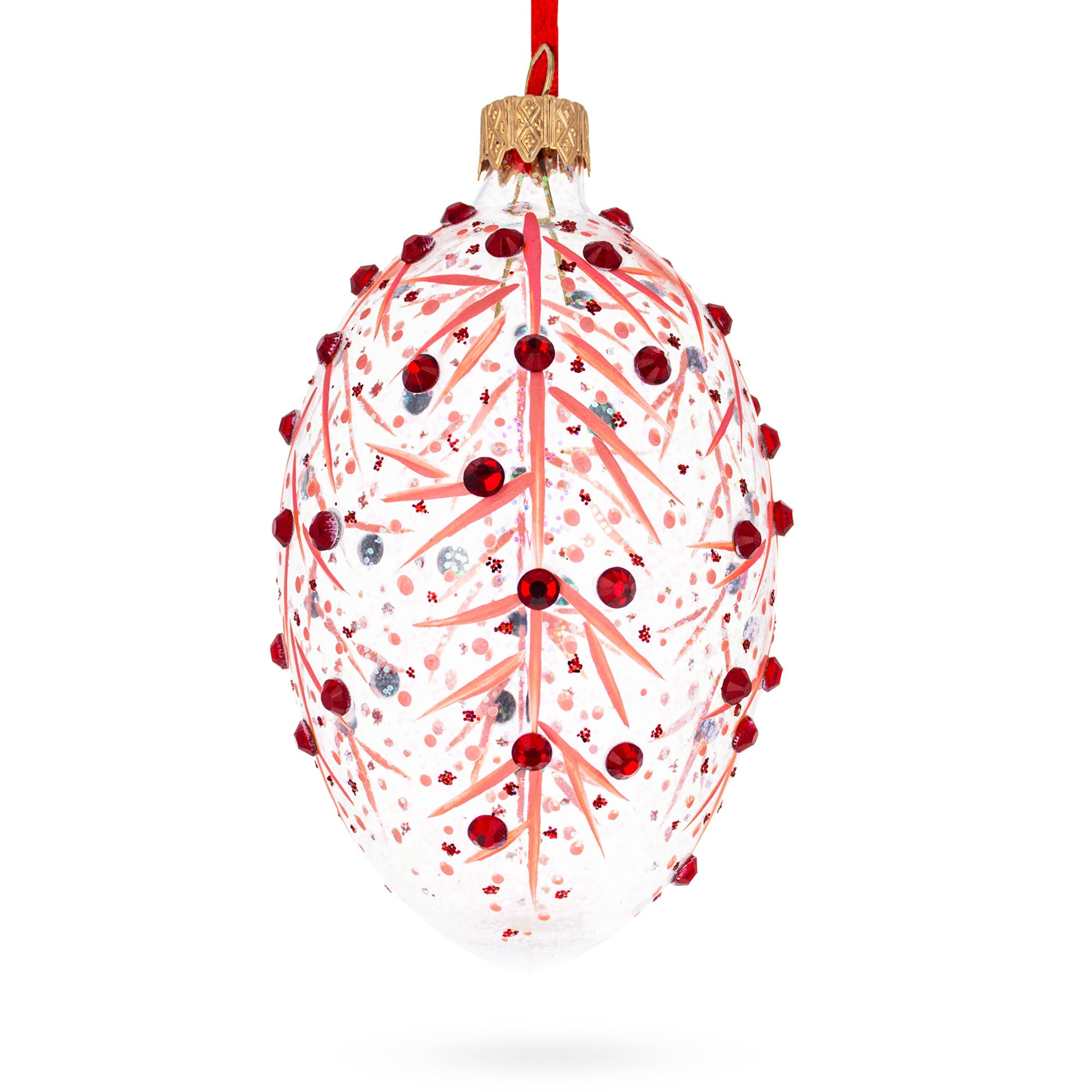 Red Branches Glass Egg Christmas Ornament 4 Inches