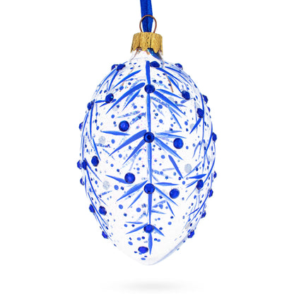 Blue Branches Glass Egg Christmas Ornament 4 Inches