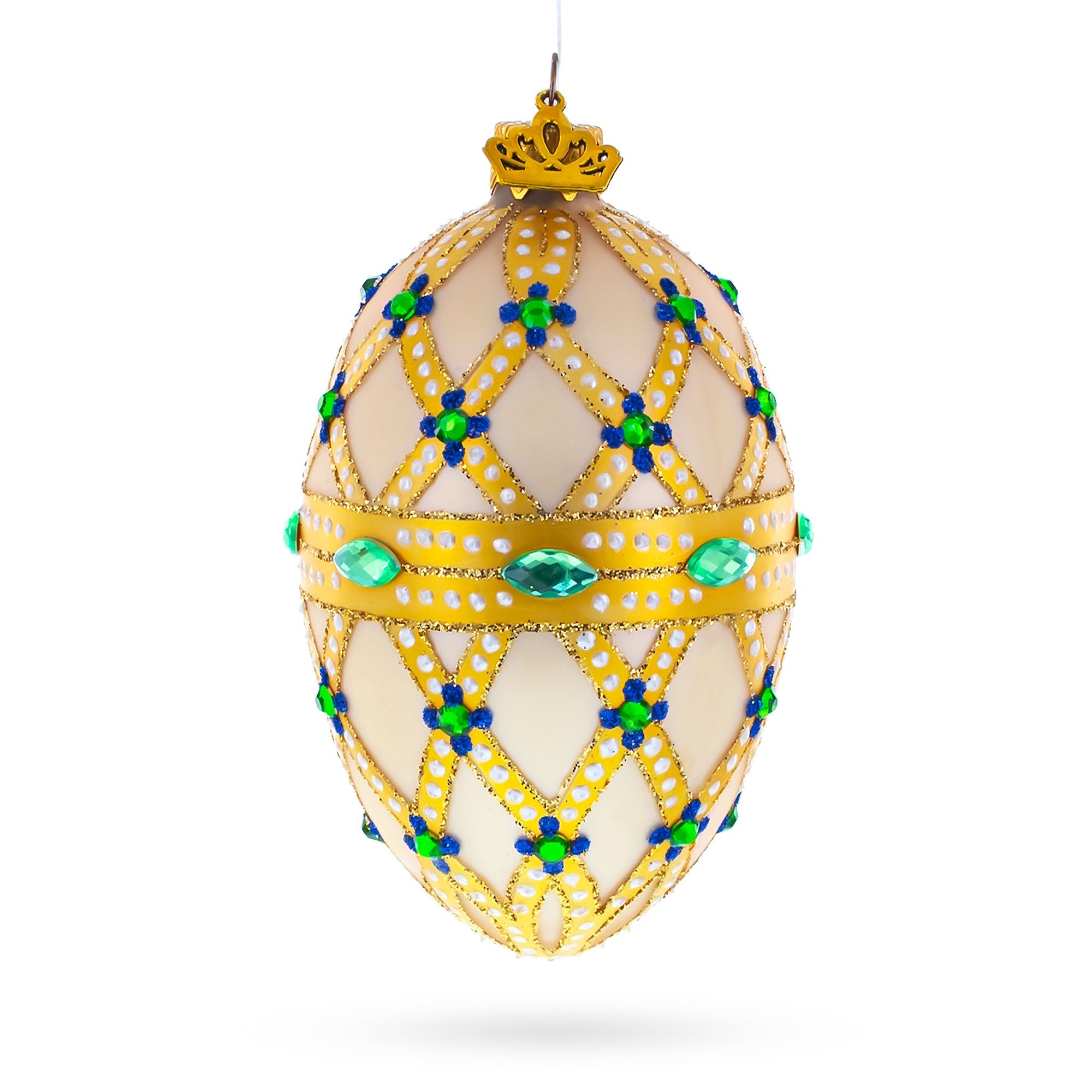 Yellow Trellis, Green Gems & Royal Blue Accents Glass Egg Ornament 4 Inches BestPysanky