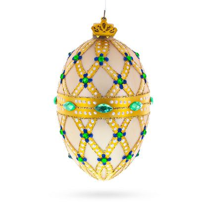 Yellow Trellis, Green Gems & Royal Blue Accents Glass Egg Ornament 4 Inches BestPysanky