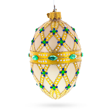 Yellow Trellis, Green Gems & Royal Blue Accents Glass Egg Ornament 4 Inches BestPysanky