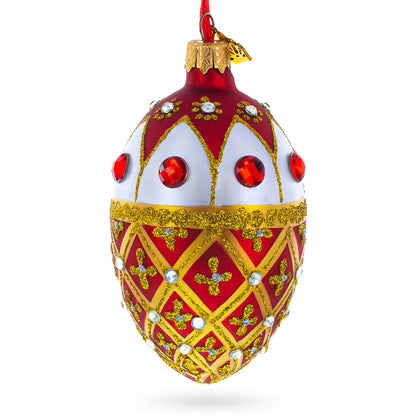 Jeweled Gold Trellis on Red and White Glass Egg Christmas Ornament 4 Inches