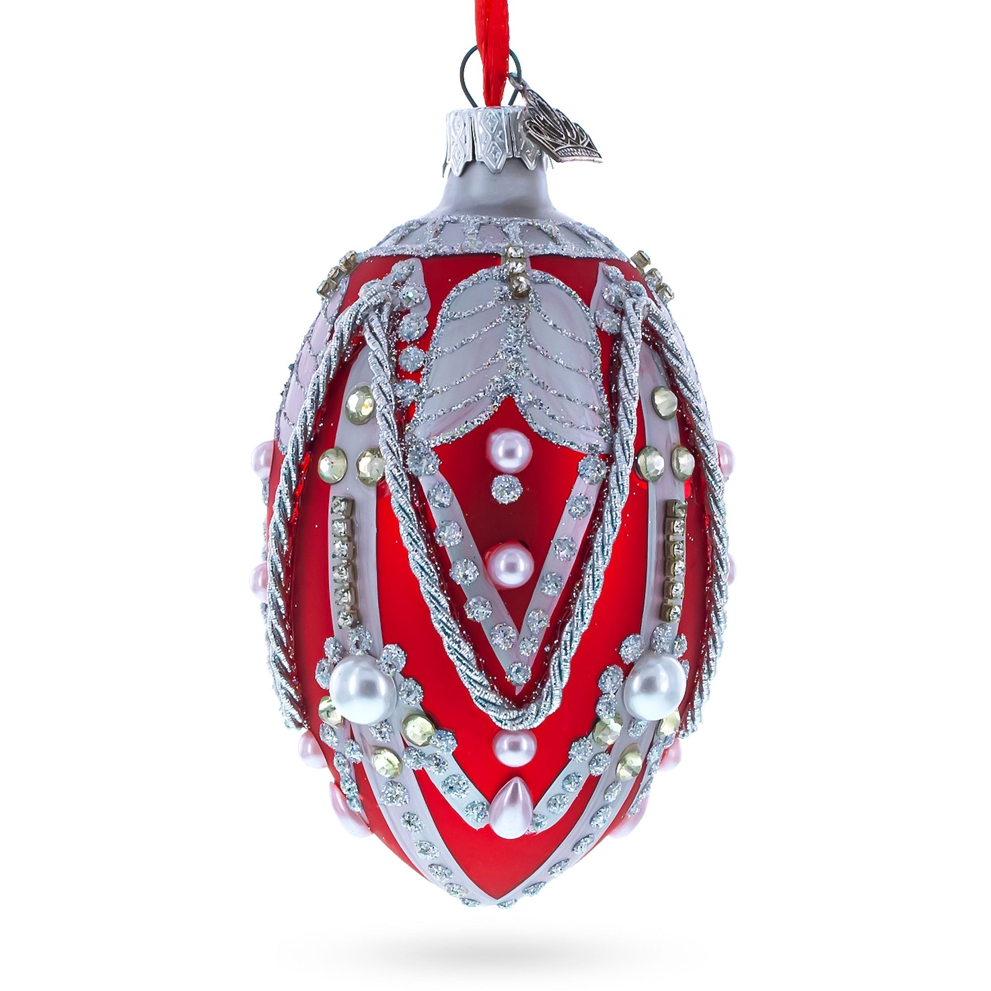 Silver Ropes on Red Glass Egg Christmas Ornament 4 Inches BestPysanky