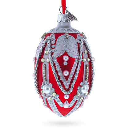 Silver Ropes on Red Glass Egg Christmas Ornament 4 Inches BestPysanky