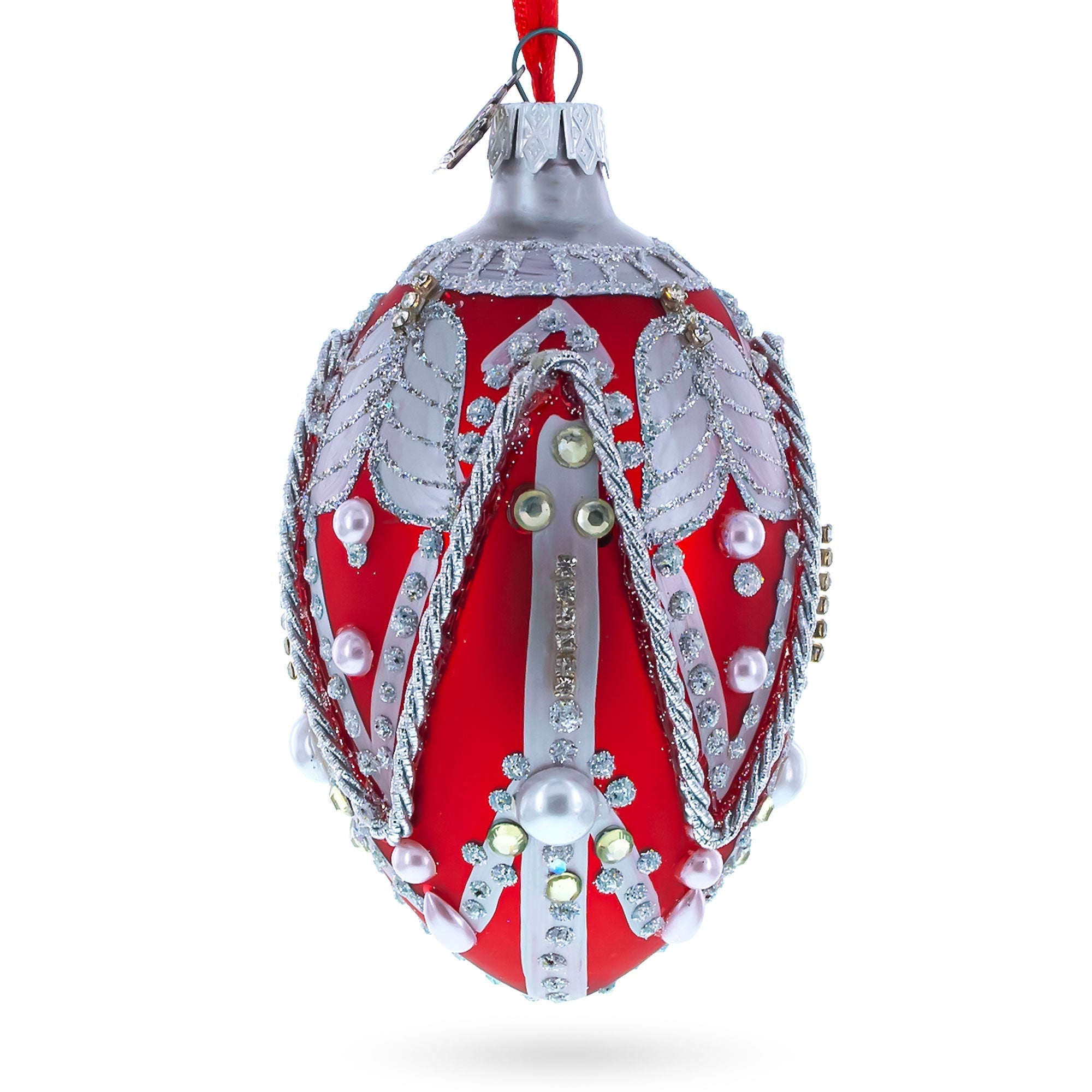 Silver Ropes on Red Glass Egg Christmas Ornament 4 Inches BestPysanky