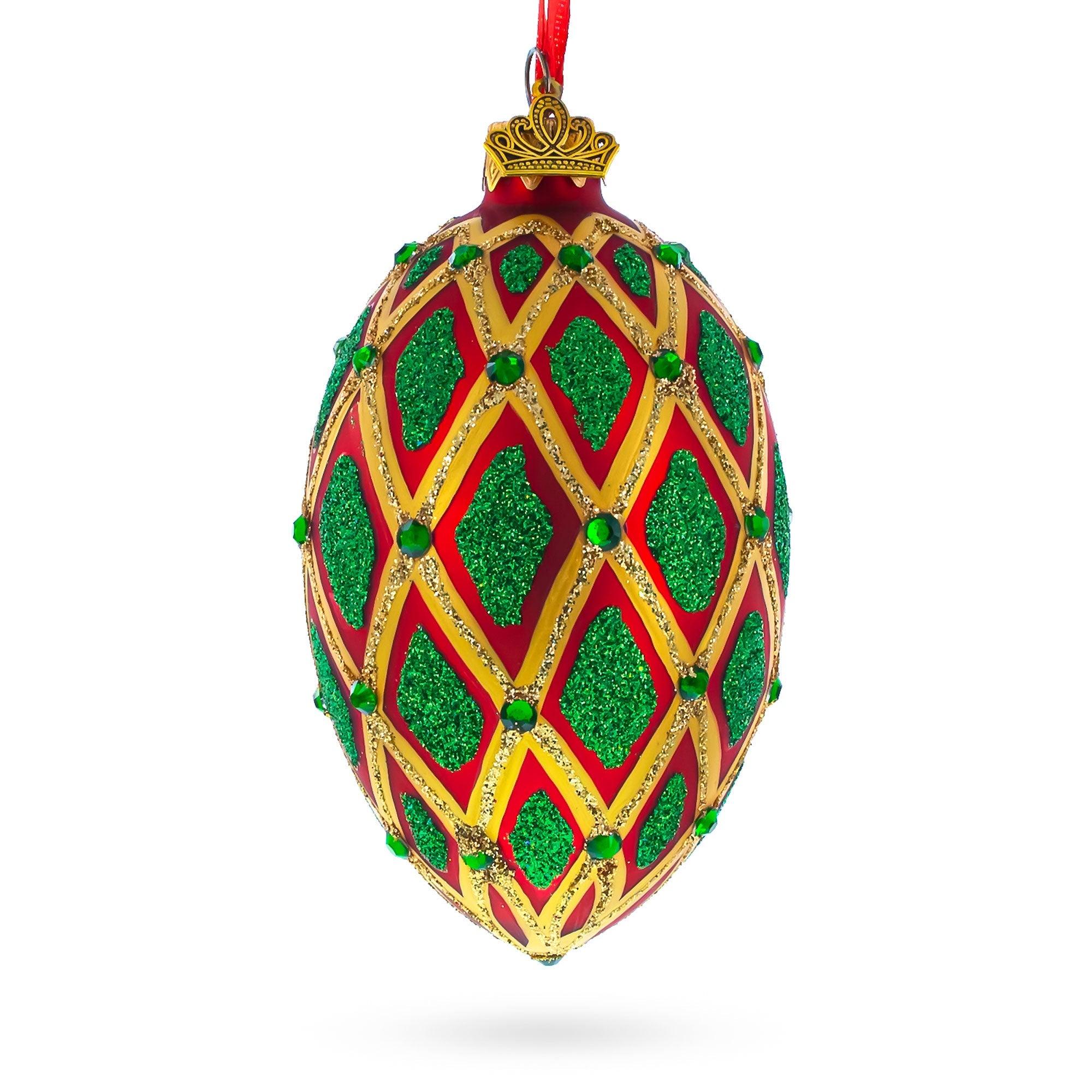 Jeweled Green IKAT on Red Glass Egg Christmas Ornament 4 Inches