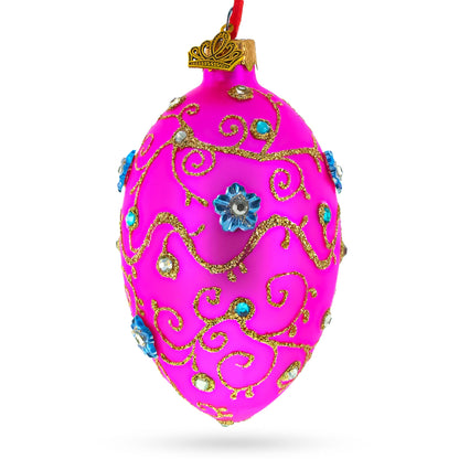 Diamond Swirl Flowers Pink Glass Egg Christmas Ornament 4 Inches