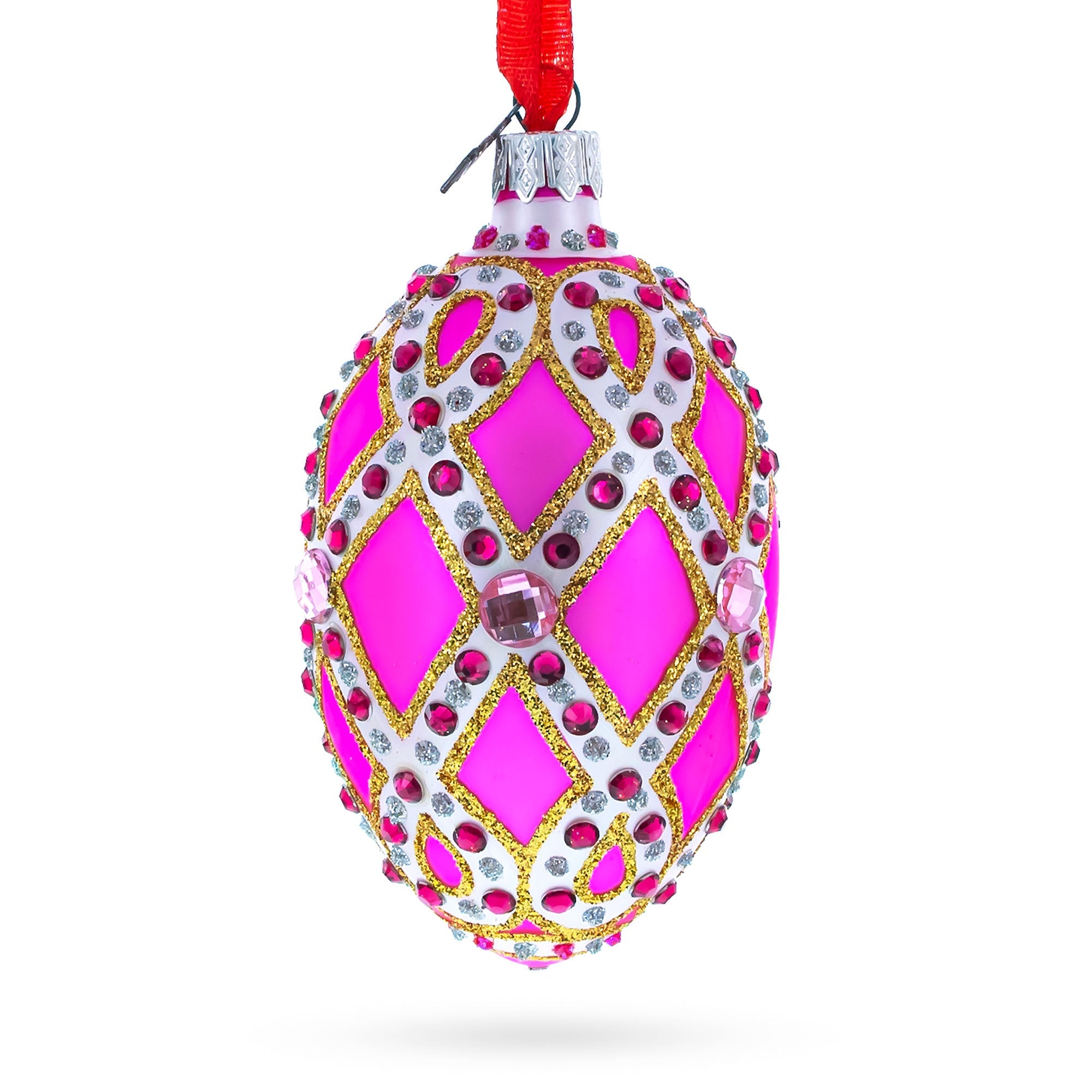 Bejeweled Trellis on Pink Glass Egg Christmas Ornament 4 Inches BestPysanky