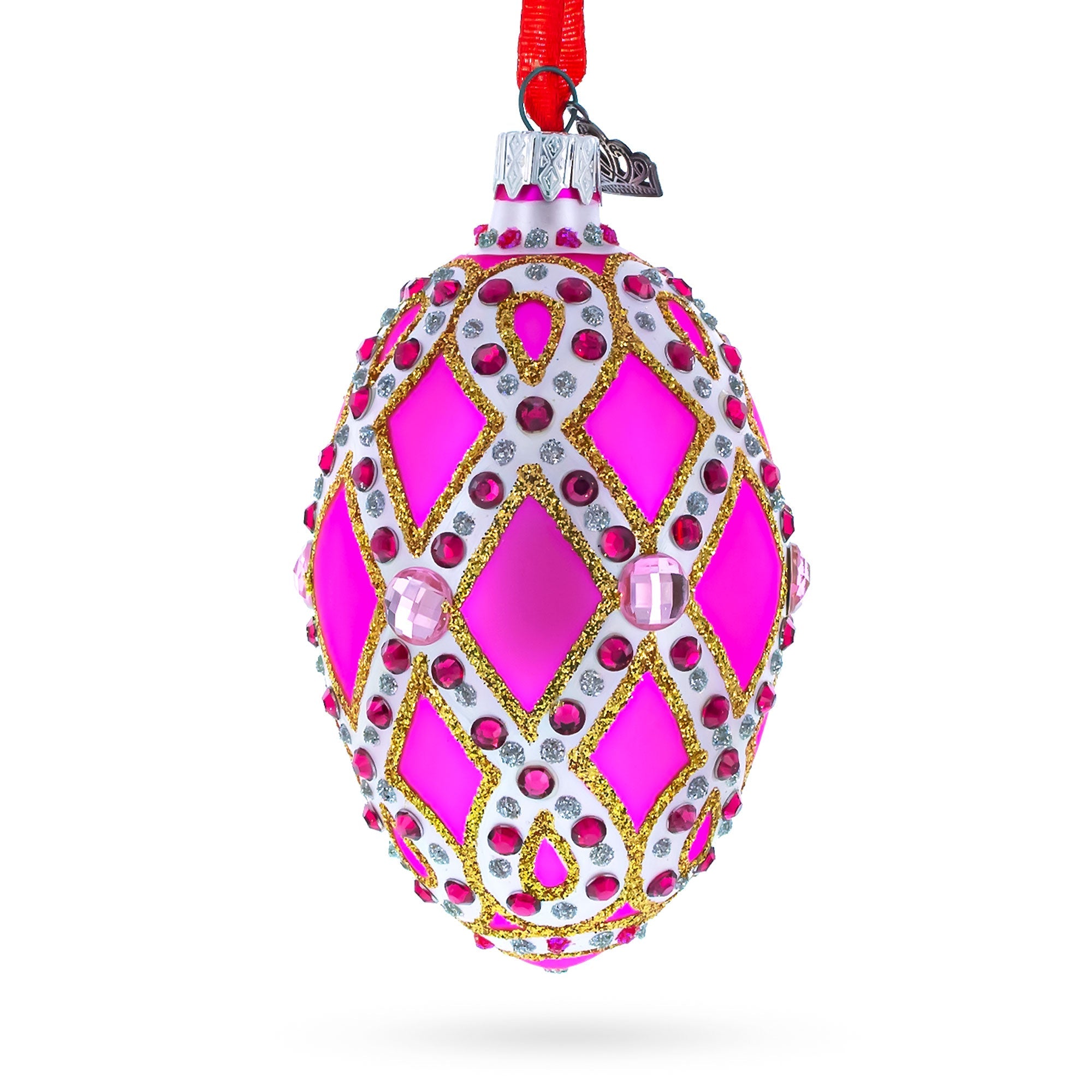 Bejeweled Trellis on Pink Glass Egg Christmas Ornament 4 Inches BestPysanky