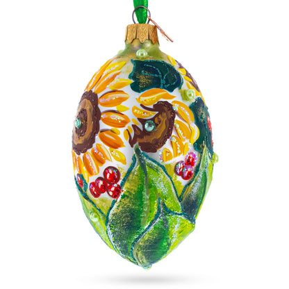 Sunflowers and Berries Glass Egg Ornament 4 Inches