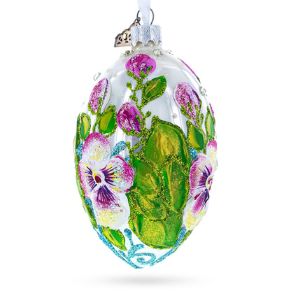 Flowers on White Glass Egg Ornament 4 Inches