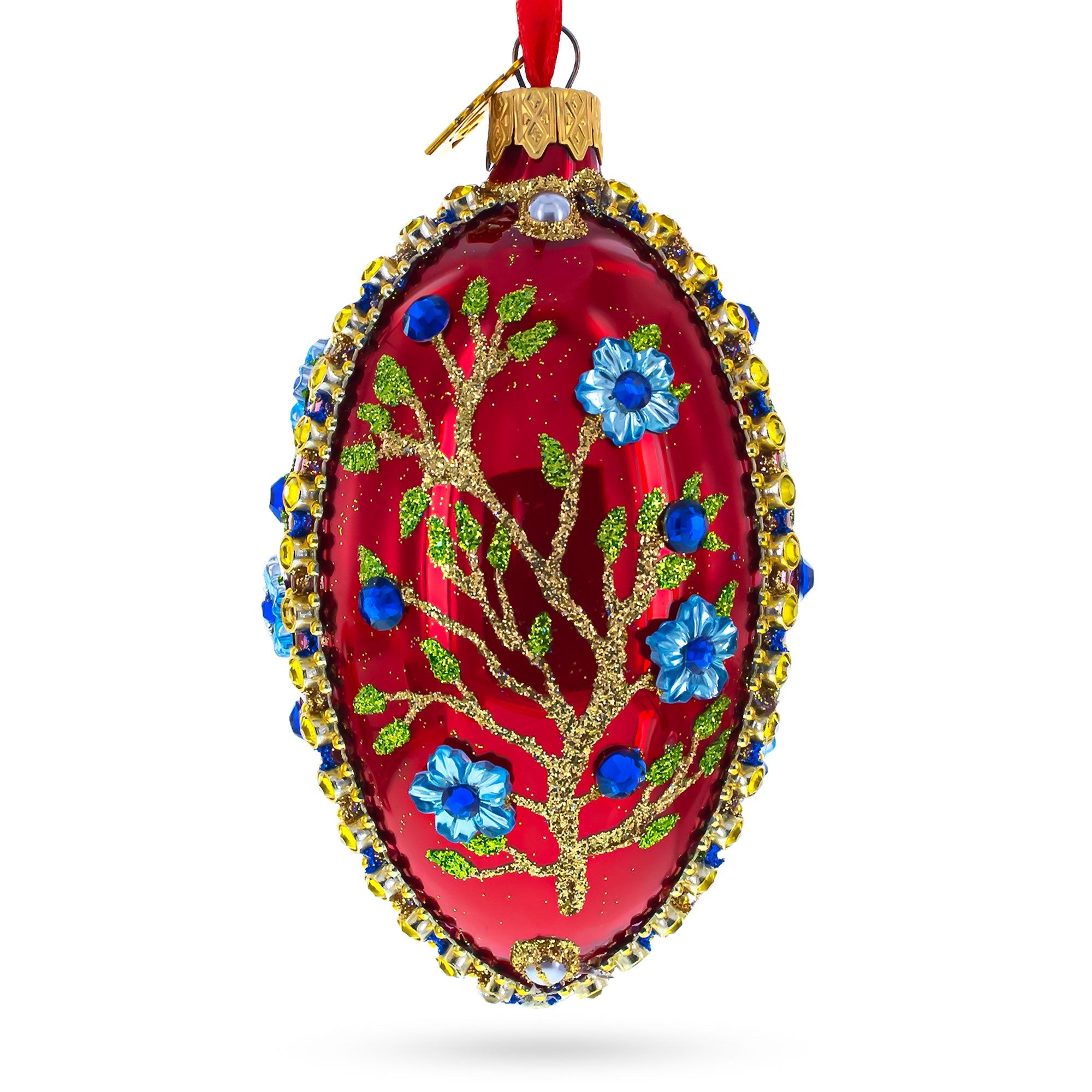 Blue Bejeweled Flowers on Red Glass Egg Ornament 4 Inches BestPysanky