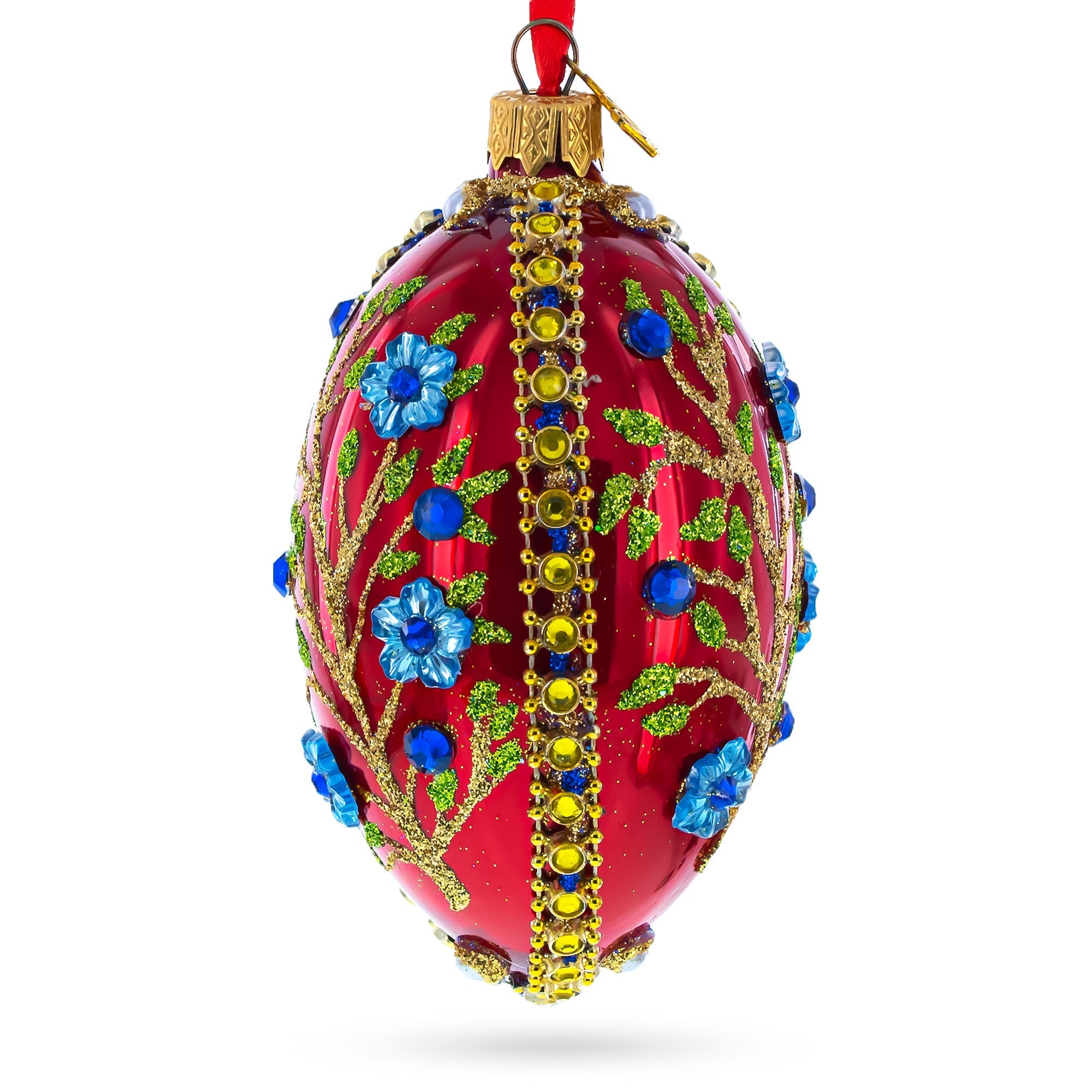 Blue Bejeweled Flowers on Red Glass Egg Ornament 4 Inches BestPysanky