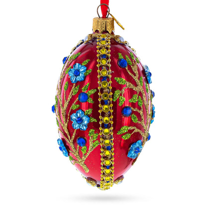 Blue Bejeweled Flowers on Red Glass Egg Ornament 4 Inches BestPysanky
