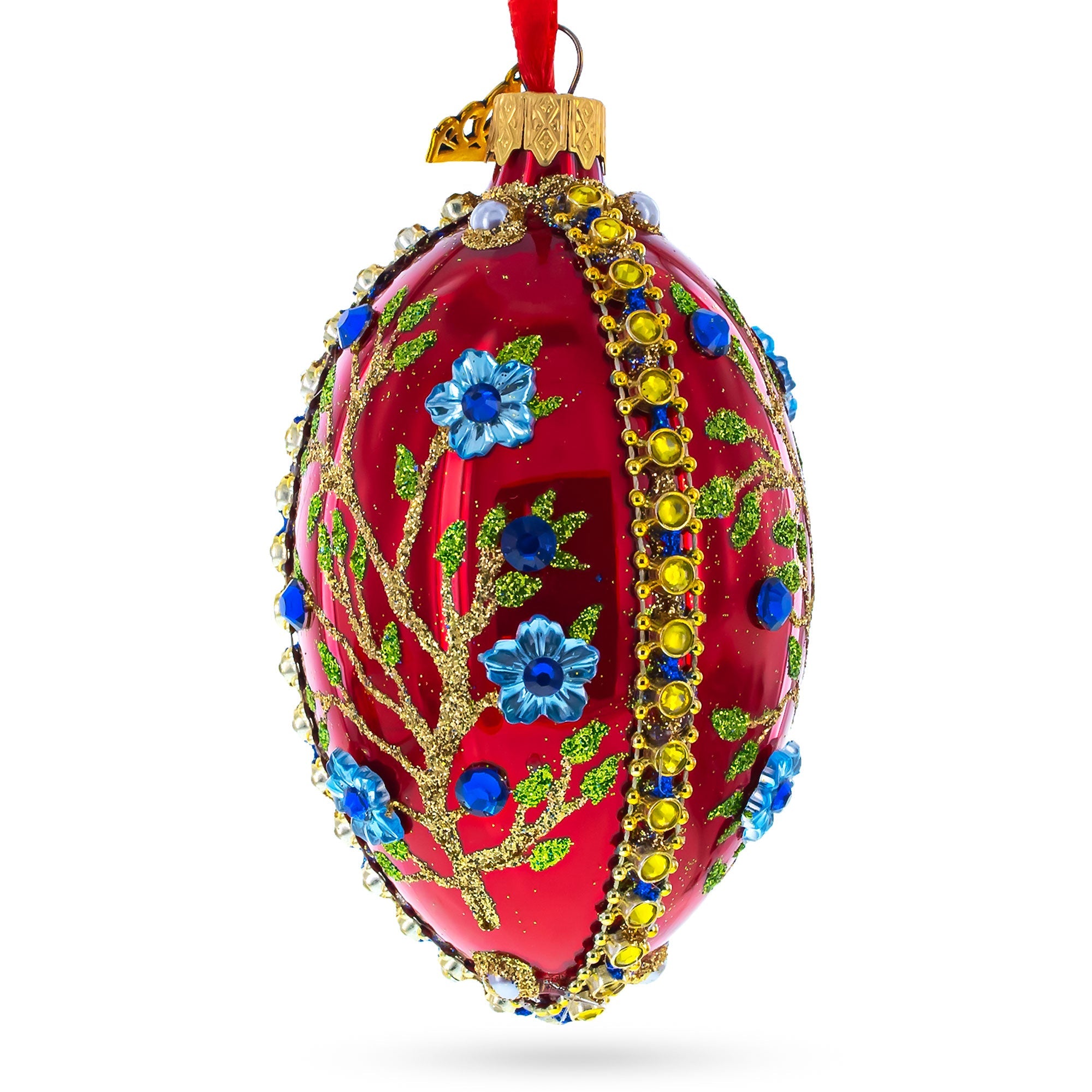 Blue Bejeweled Flowers on Red Glass Egg Ornament 4 Inches BestPysanky