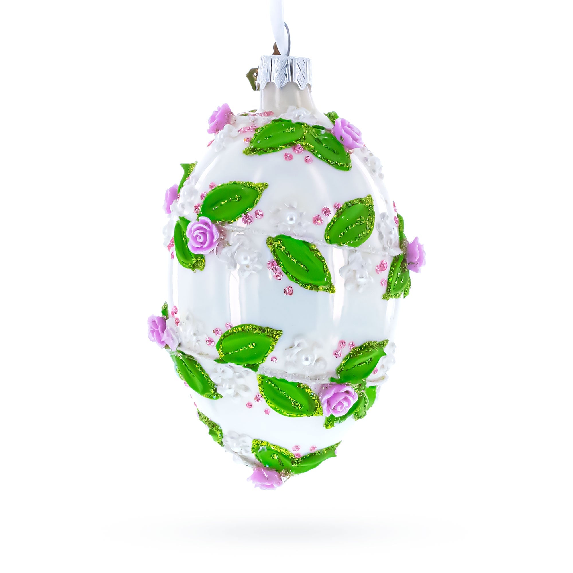 3D Roses in Silver Spiral Glass Egg Ornament 4 Inches BestPysanky