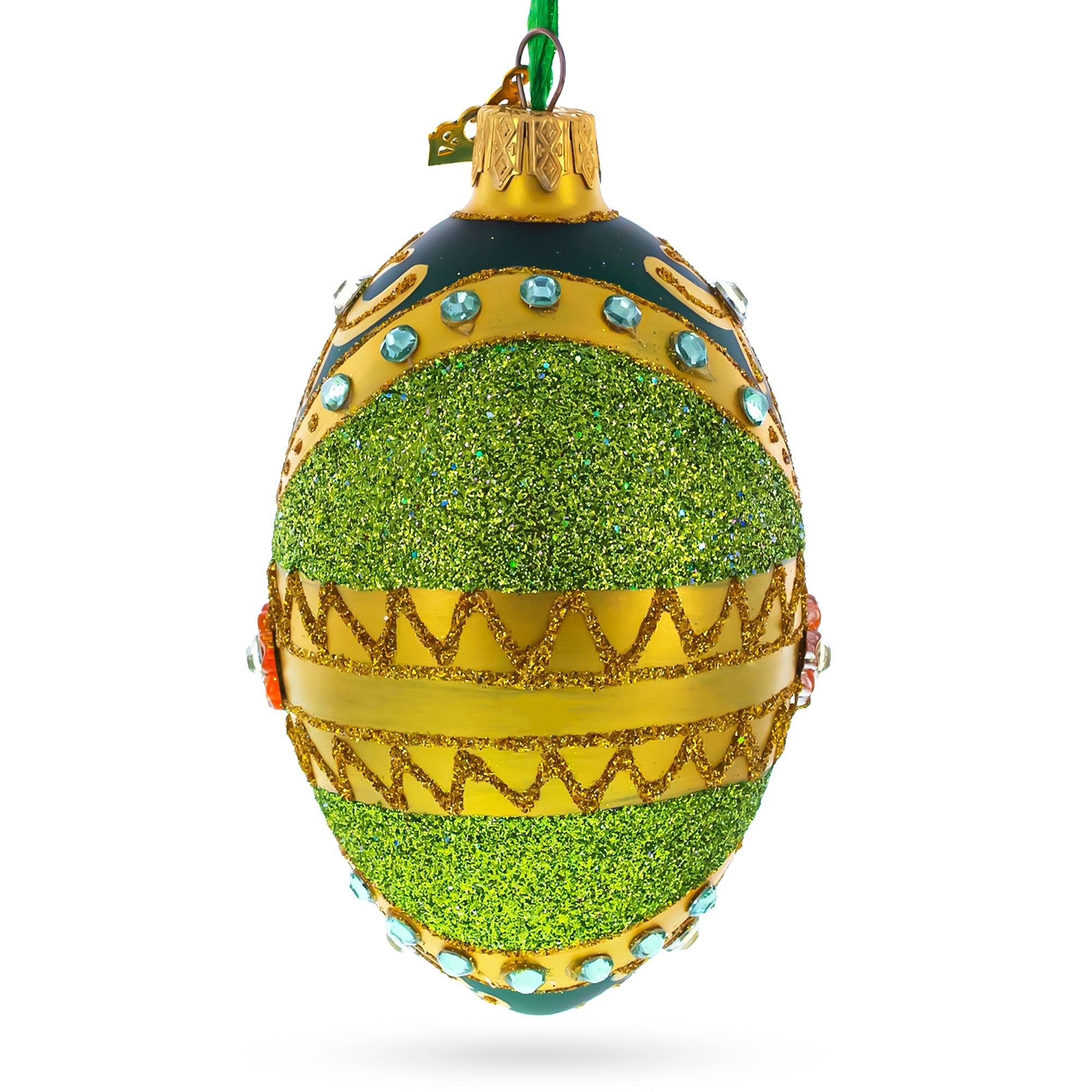 White Jewels on Glittered Green Glass Egg Ornament 4 Inches