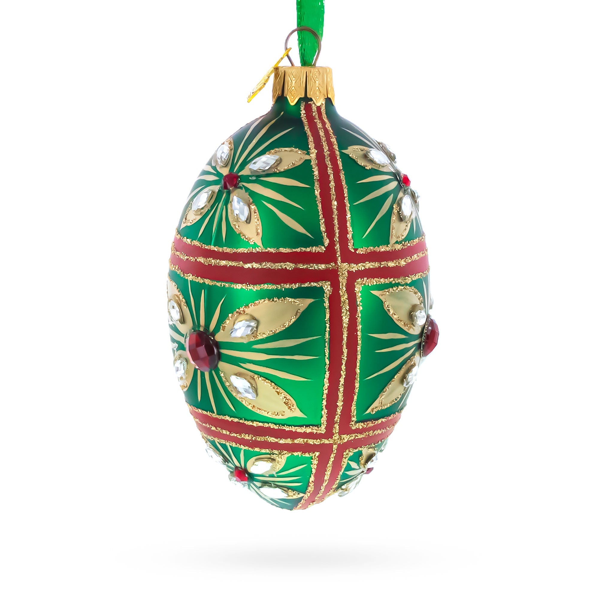 Red Jewel on Green Glass Egg Ornament 4 Inches