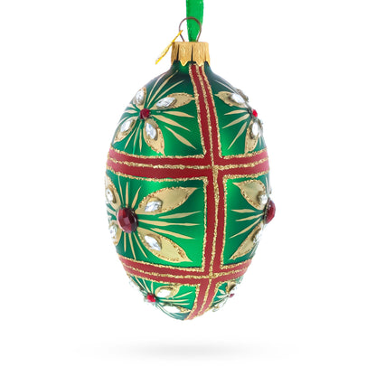 Red Jewel on Green Glass Egg Ornament 4 Inches