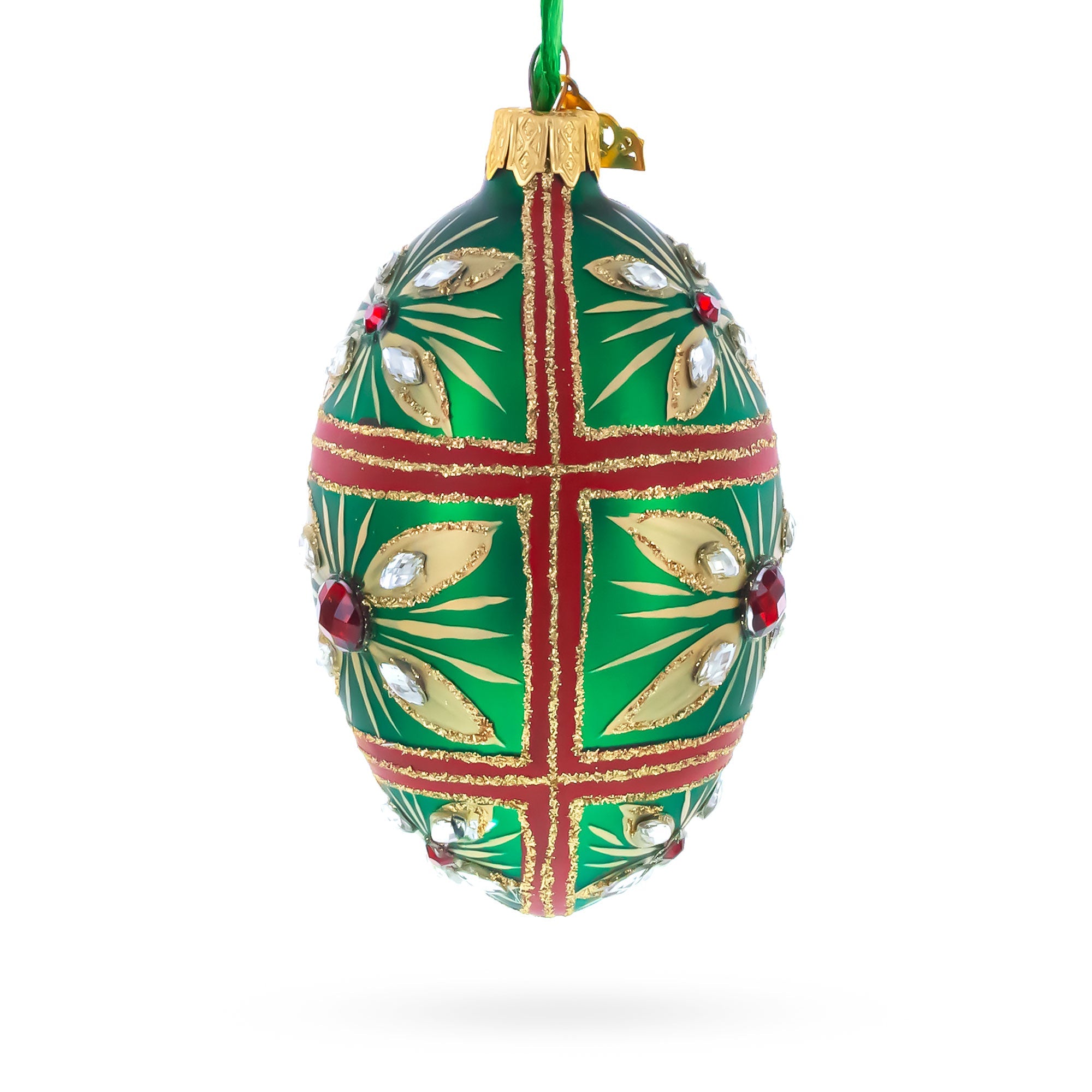 Red Jewel on Green Glass Egg Ornament 4 Inches