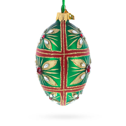 Red Jewel on Green Glass Egg Ornament 4 Inches