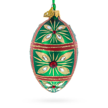 Red Jewel on Green Glass Egg Ornament 4 Inches
