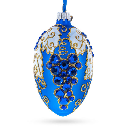 Blue Grapes on White Glass Egg Ornament 4 Inches BestPysanky