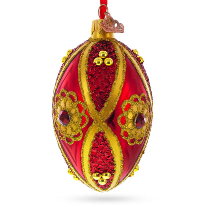 Red Jewel on Red Glass Egg Ornament 4 Inches