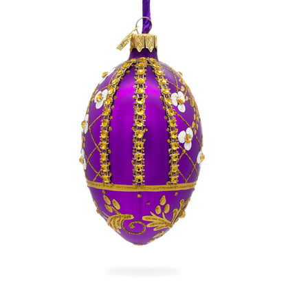 White Flowers on Purple Lattice Glass Egg Ornament 4 Inches