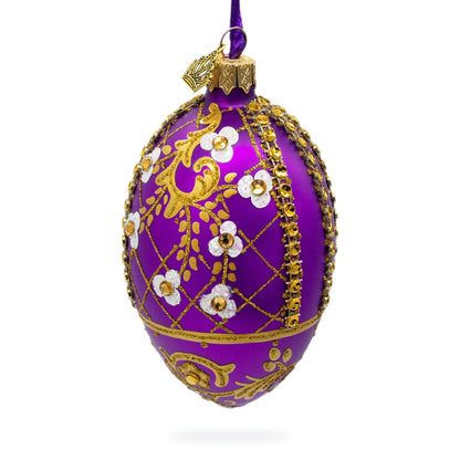 White Flowers on Purple Lattice Glass Egg Ornament 4 Inches