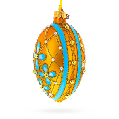 Blue Flowers on Gold Glass Egg Ornament 4 Inches BestPysanky