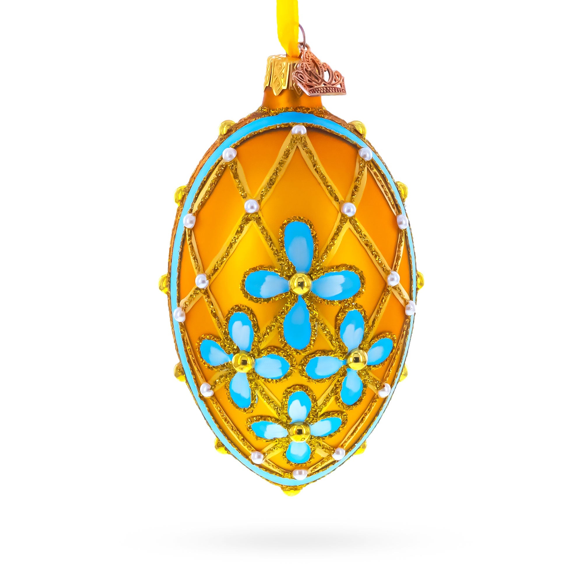 Blue Flowers on Gold Glass Egg Ornament 4 Inches BestPysanky