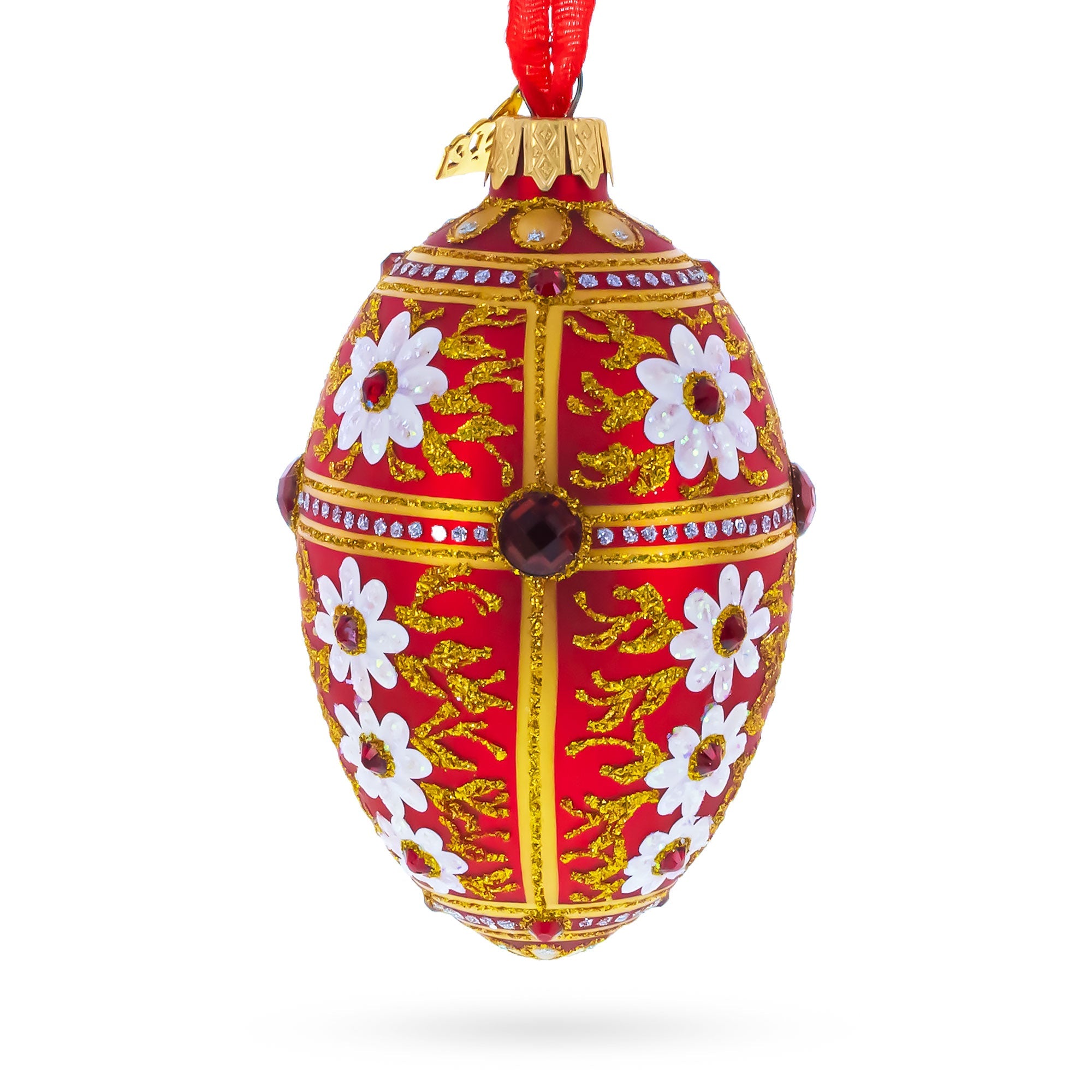White Flowers on Red and Gold Glass Egg Ornament 4 Inches