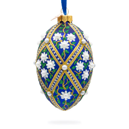 White Pearl Flowers on Blue Glass Egg Ornament 4 Inches BestPysanky