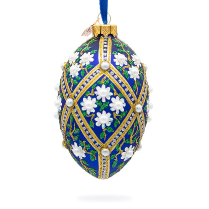 White Pearl Flowers on Blue Glass Egg Ornament 4 Inches BestPysanky