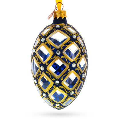 Mosaic Pattern on Blue Glass Egg Ornament 4 Inches
