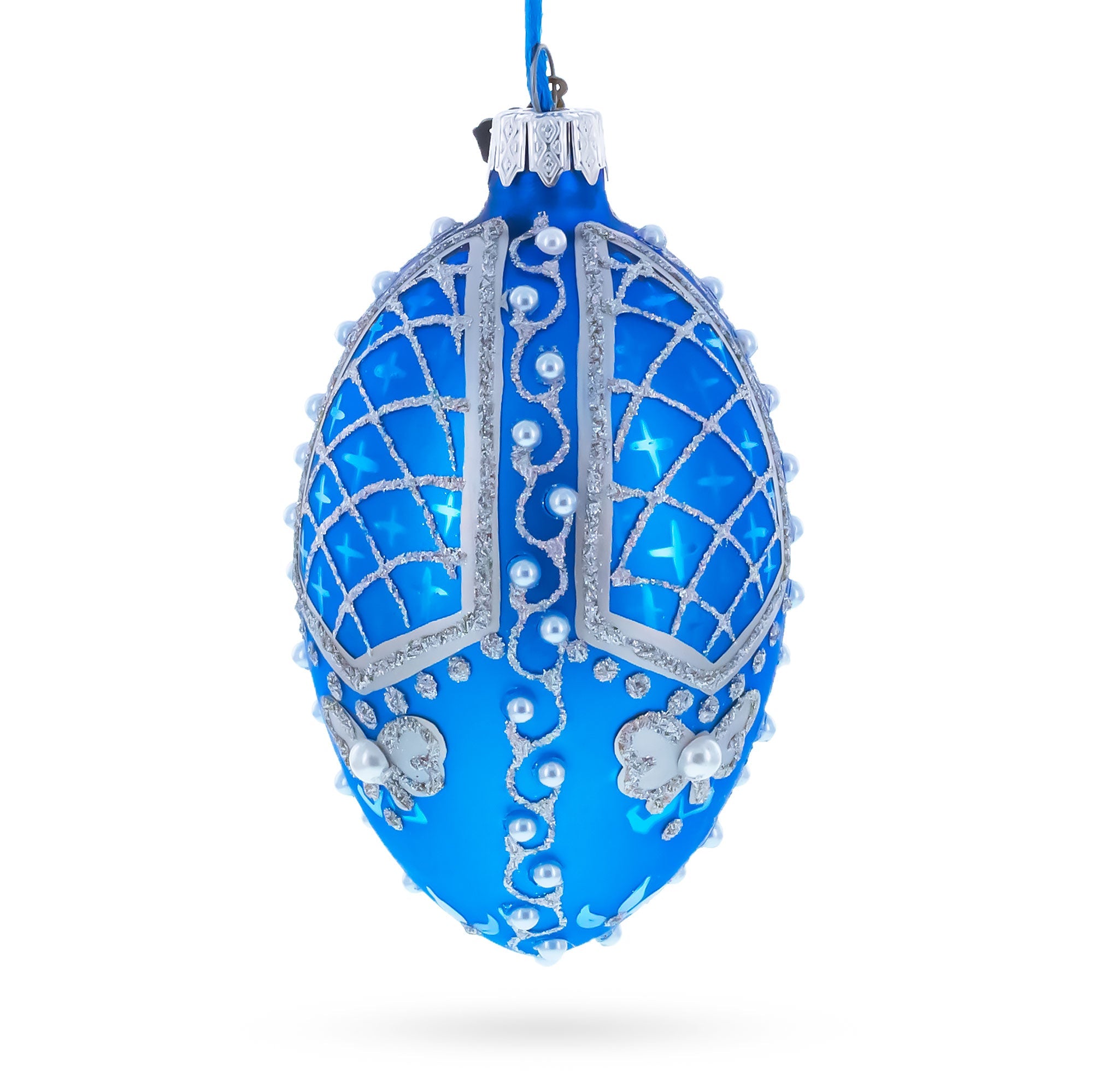 Pearls on Blue Glass Egg Ornament 4 Inches