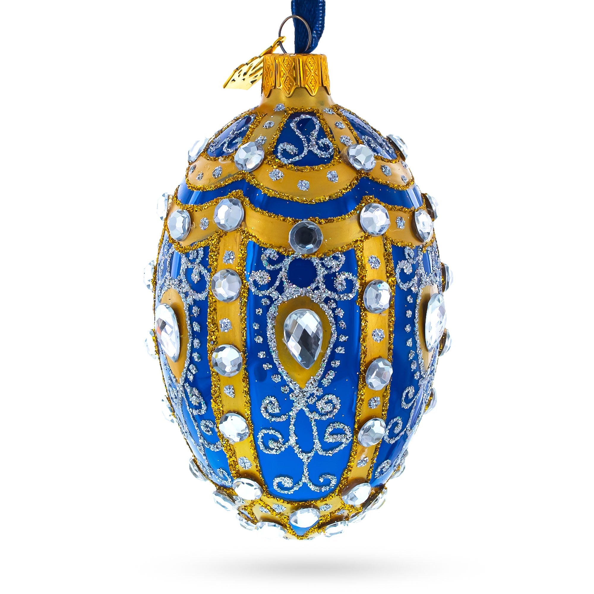 White Scrolls on Blue Glass Egg Ornament 4 Inches BestPysanky