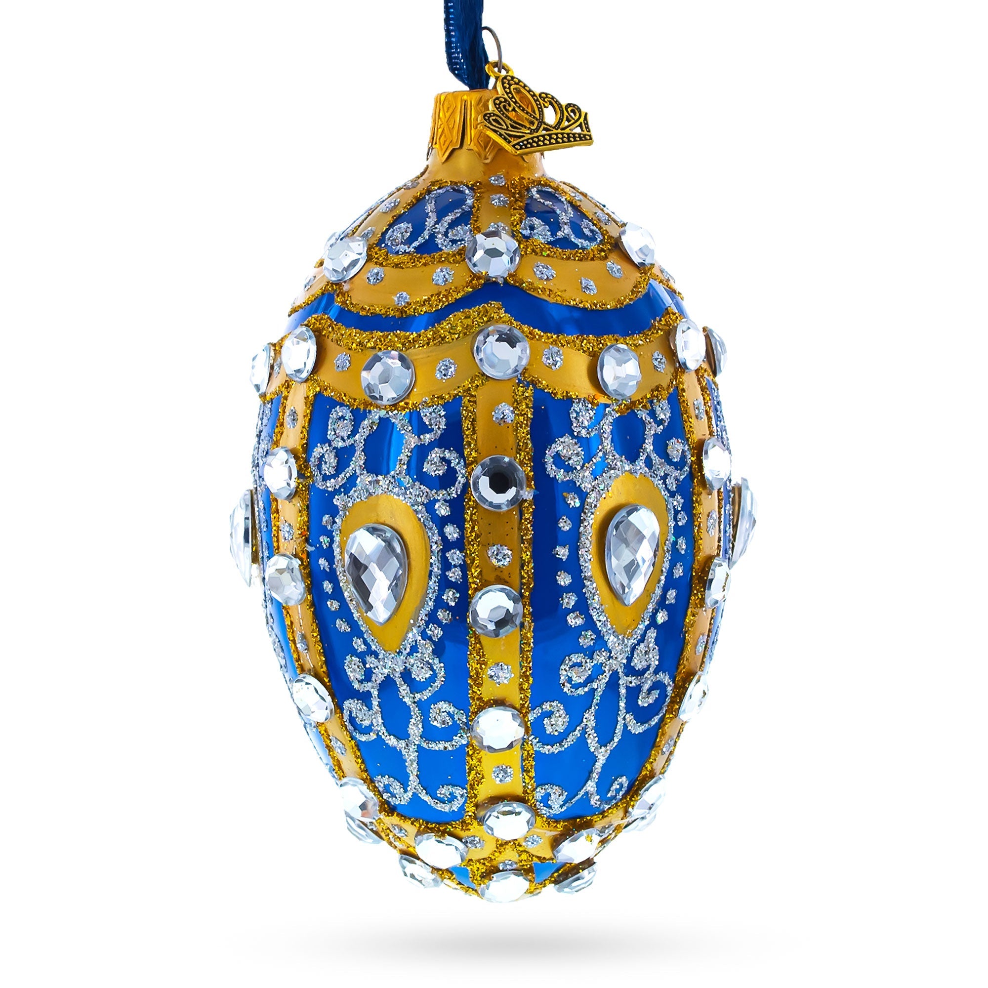 White Scrolls on Blue Glass Egg Ornament 4 Inches BestPysanky