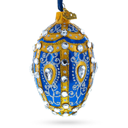 White Scrolls on Blue Glass Egg Ornament 4 Inches BestPysanky