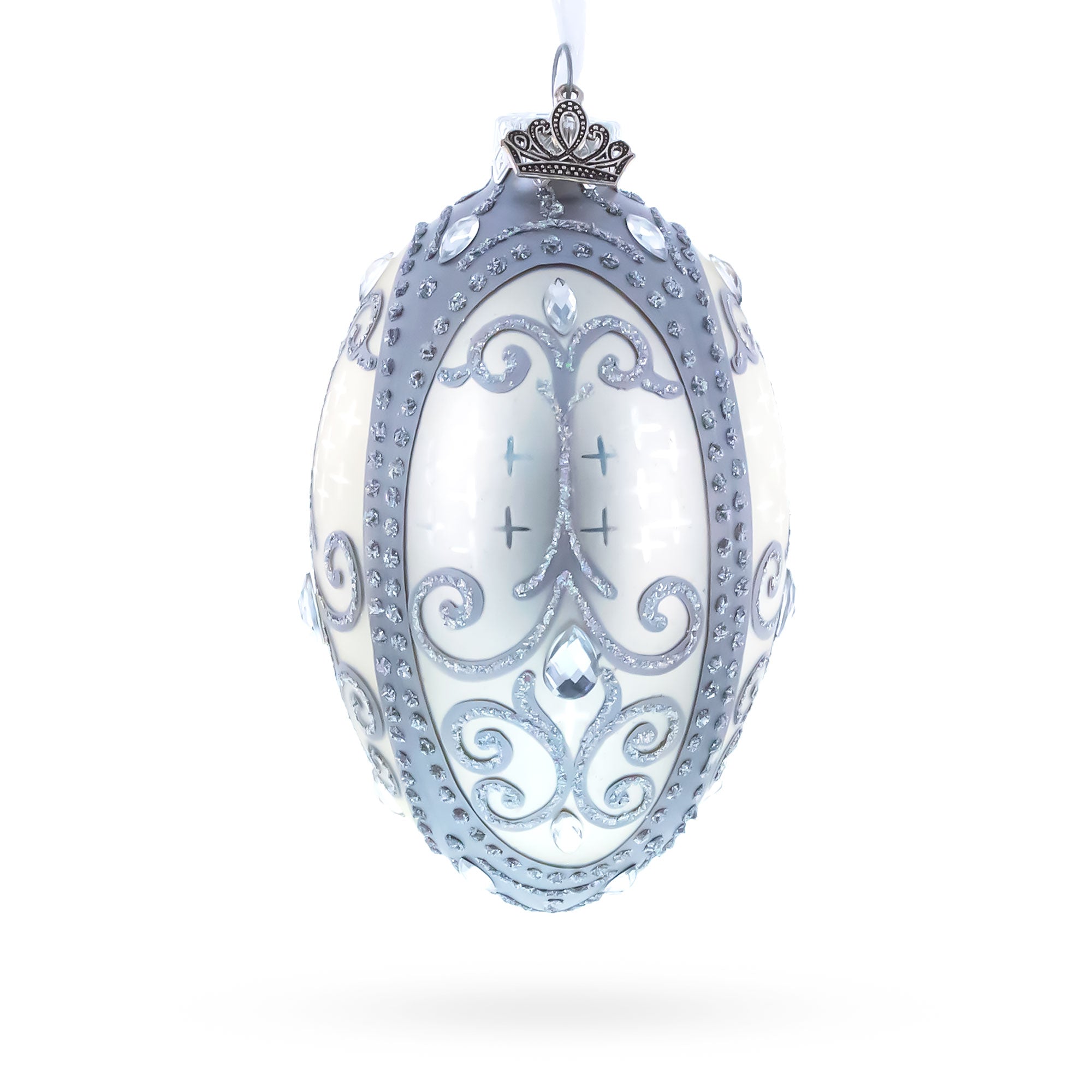 Silver Scrolls on White Glass Egg Ornament 4 Inches BestPysanky