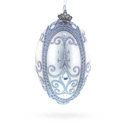 Silver Scrolls on White Glass Egg Ornament 4 Inches BestPysanky
