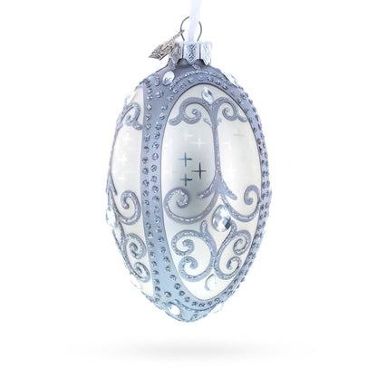 Silver Scrolls on White Glass Egg Ornament 4 Inches BestPysanky