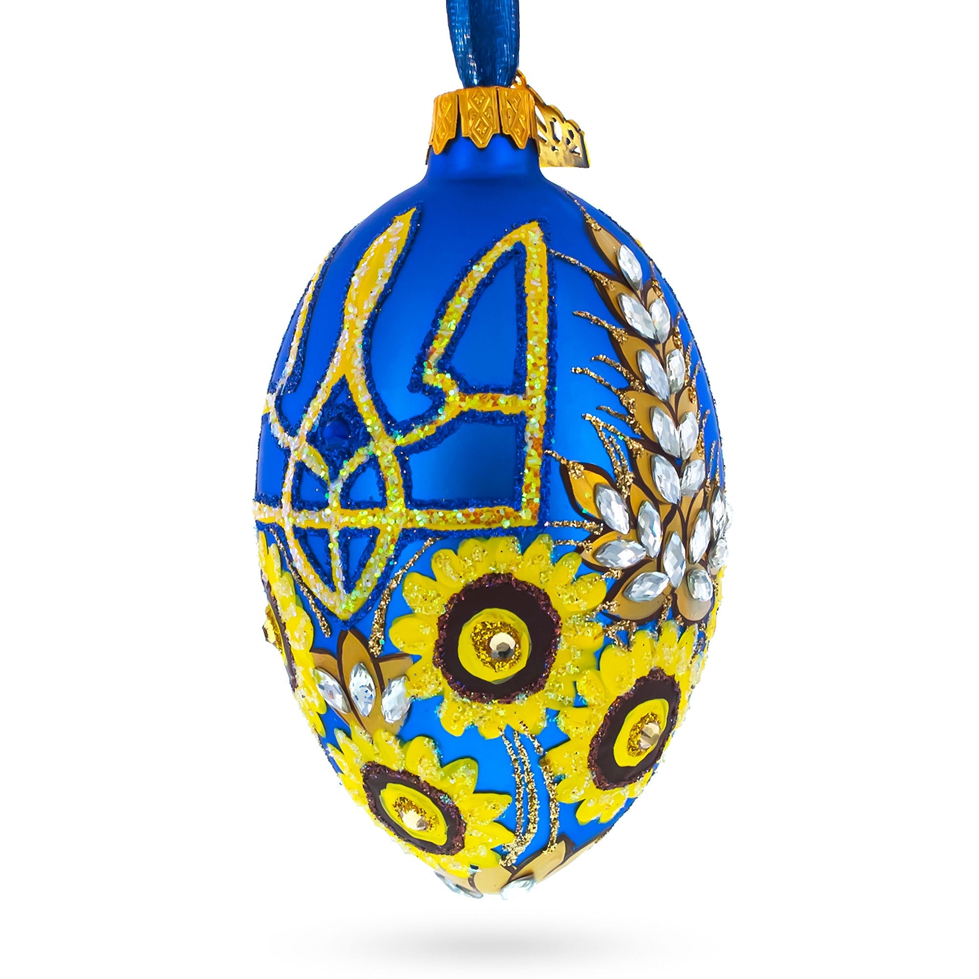 Ukrainian Coat of Arms and Sunflowers Glass Egg Ornament 4 Inches